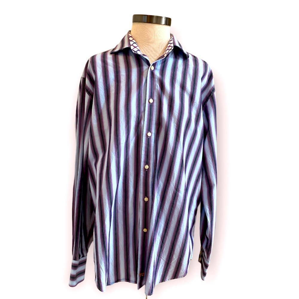 Thomas Dean Striped Blue Purple Black Button Down - Excellent Condition - MED